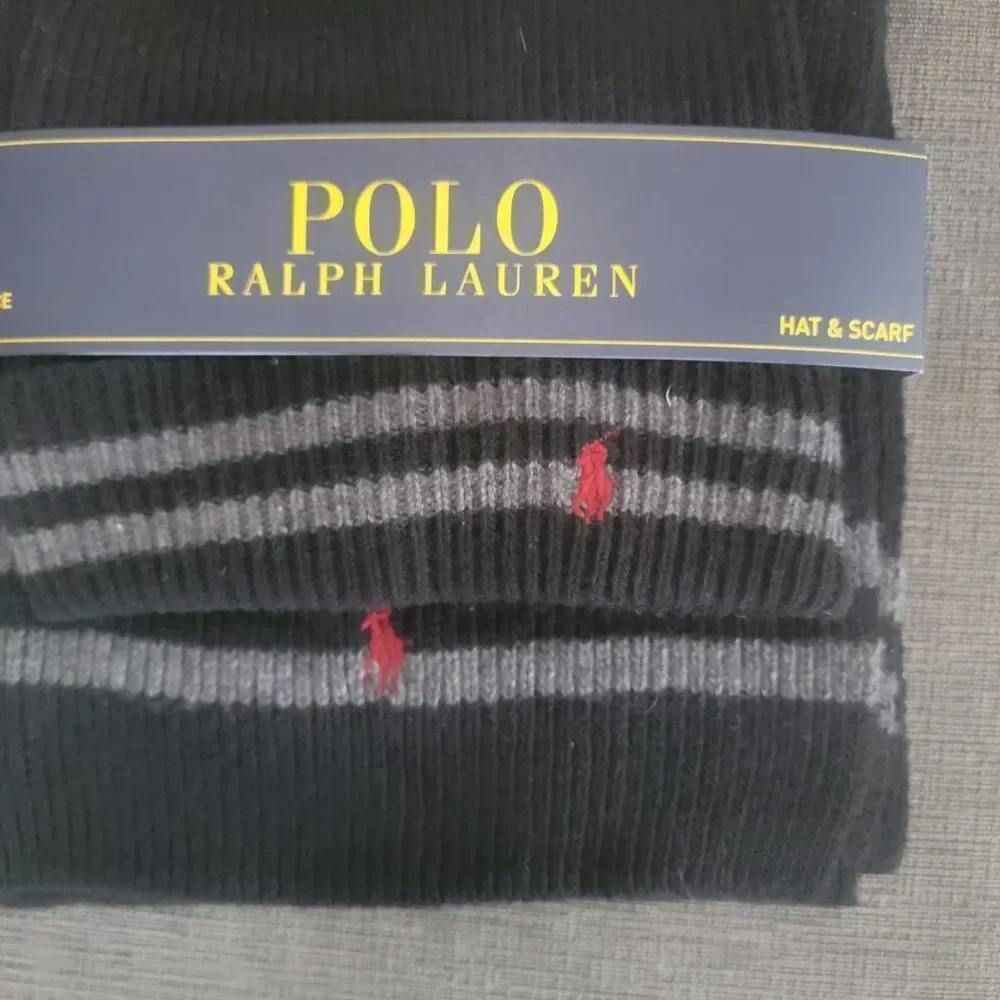 Polo Ralph Lauren Men's Black 2 Piece Set Hat & Scarf Lambswool Blend